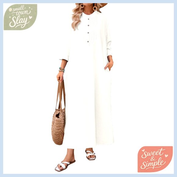 Oversized Cotton Maxi Dress with Pockets 3/4 Sleeve Loose Fit